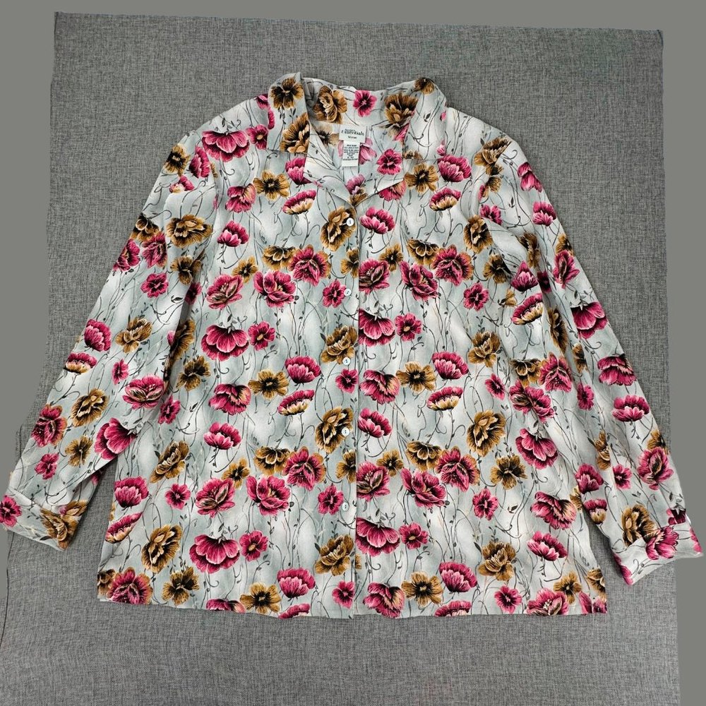 Modern Essentials Woman Button Down Top Blouse Floral Collared Plus 20W Gray Red